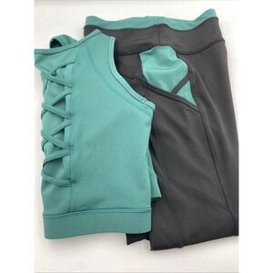 POP Fit Activewear Set Women's Crop Top Size M Leggings Size S Green Black